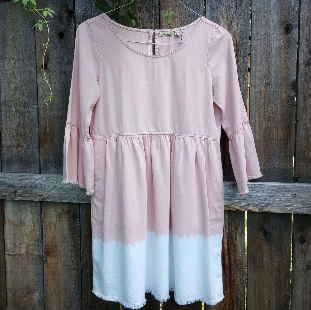 HOLDING HORSES Lilibet Blush Pink and White Denim Dress with Bell Sleeves Sz 10